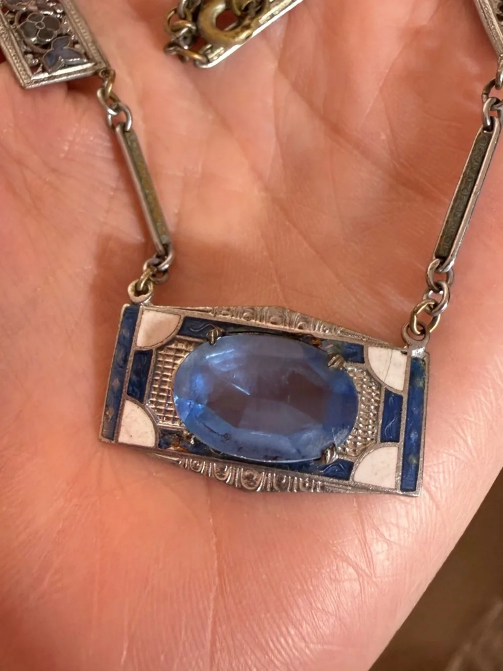Antique Art Deco 1920 Blue Checho Glass Guilloche enamel choker Necklace - Picture 13 of 17